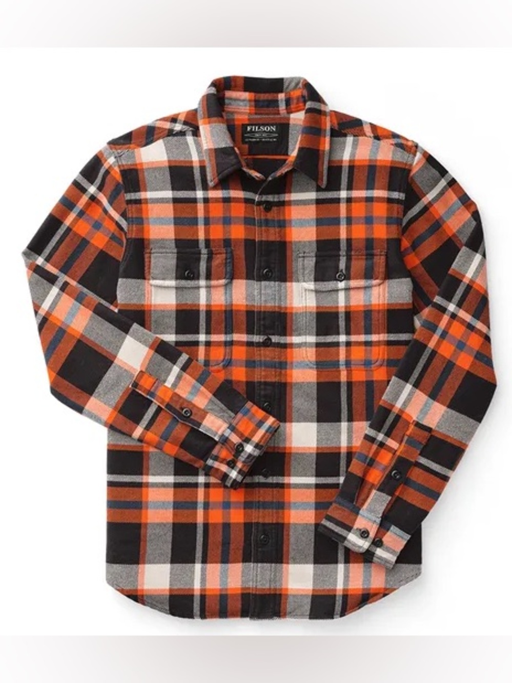 Filson Orange, Black and White Plaid Button-Down Flannel Shirt Sz XL Long